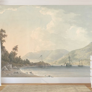Carta da parati con pittura rurale, vintage e murale, murale panoramico shabby, stacca e attacca, retrò, arte murale, carta da parati con paesaggio, decorazione per la casa
