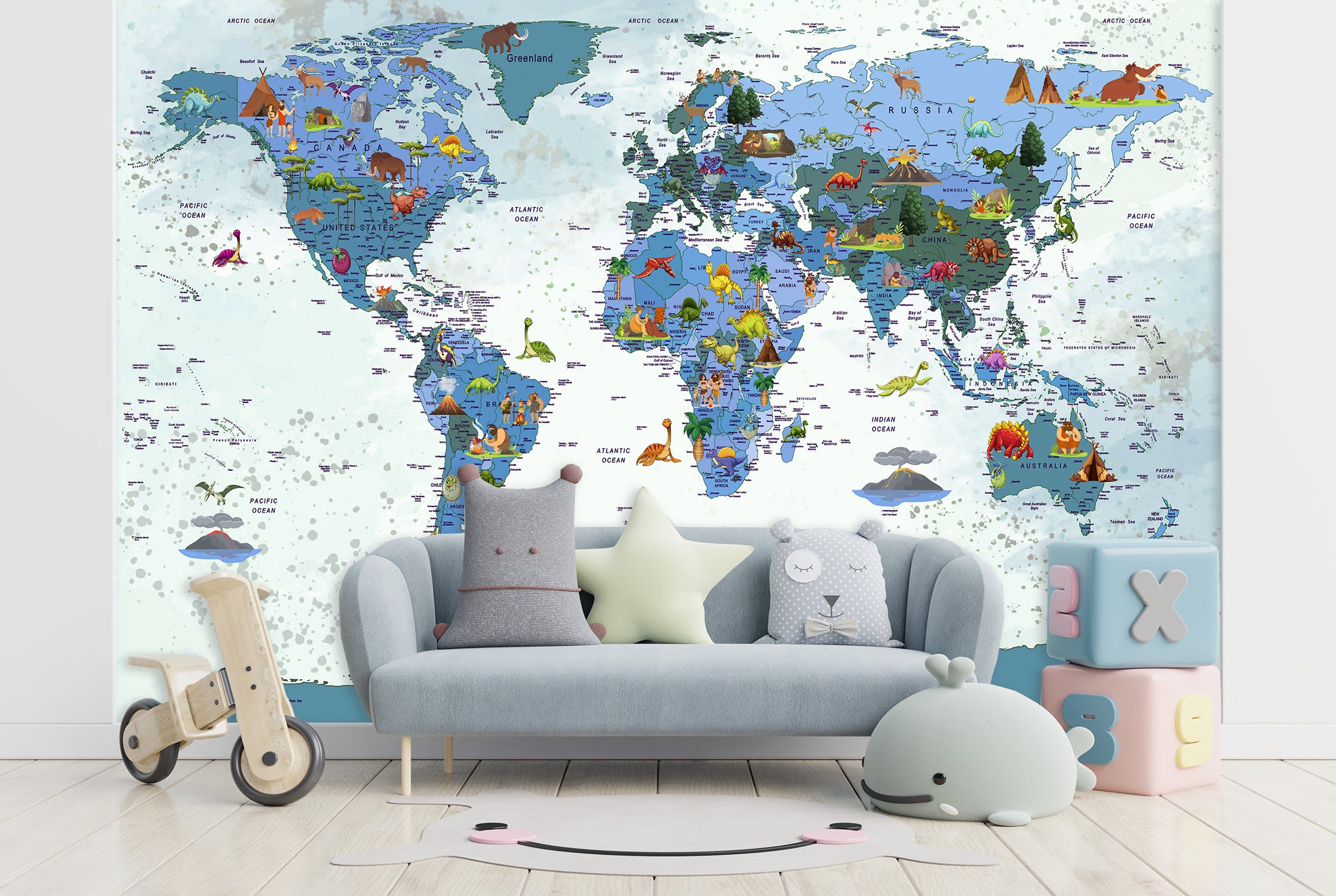 Mural Kids wall art decor Map of the world Playroom Peel and Etsy