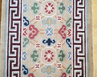Hand Woven Tibetan Rug: 2'x3' Wool Door Mat with Floral Design