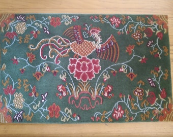 Handwoven Tibetan Wool Rug, Phoenix and Lotus Design, 1'10"x3'
