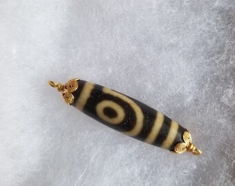 Tibetan 2 Eye Dzi Bead, Vintage Gold Overlaid Pendant