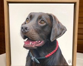 Chocolade Labrador huisdier portret origineel olieverfschilderij