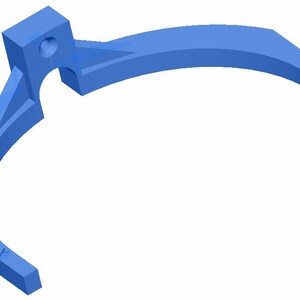 May include: A solid blue, curved mechanical component with a rectangular block at the top and two rectangular ends. The component has a hole in the block and is likely a part of a larger machine or device.