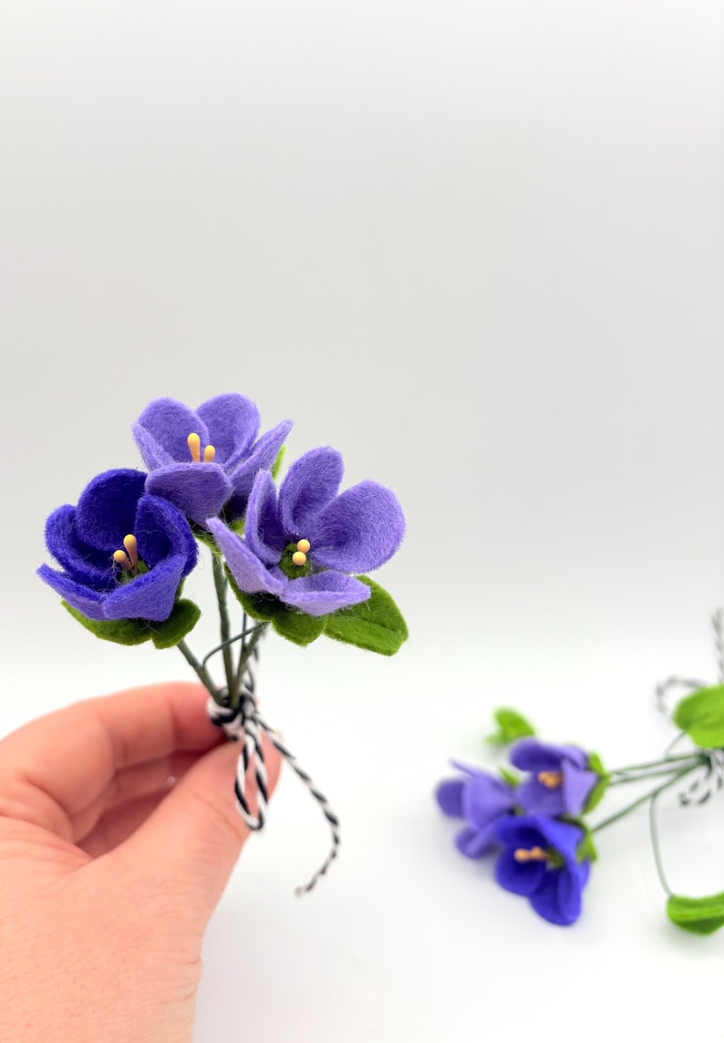 K&ouml;nnte beinhalten: Ein kleines Bouquet handgefertigter Veilchen aus Filz in Lila- und Gr&uuml;nt&ouml;nen. Die Blumen haben gelbe Zentren und sind mit einer schwarz-wei&szlig;en Schnur zusammengebunden. Der Hintergrund ist schlicht wei&szlig;.