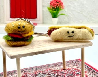 Felt Fast Food Keychain, Hand-felted – Mini Hot Dog, Hamburger, Doner Kebab Charm | Gift, Bag Charm
