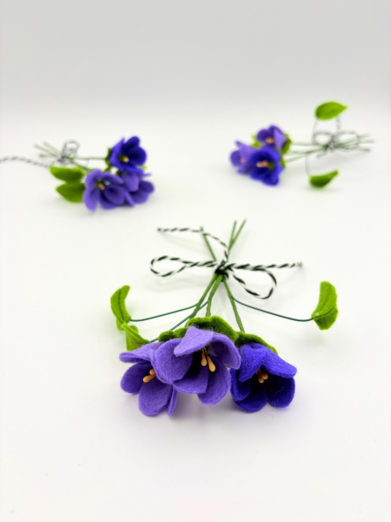 K&ouml;nnte beinhalten: Nahaufnahme von mehreren Filz-Veilchen-Blumenstr&auml;u&szlig;en. Die Blumen sind tiefviolett mit gelben Zentren und gr&uuml;nen Bl&auml;ttern. Jeder Strau&szlig; ist mit einer schwarz-wei&szlig;en Schnur gebunden. Der Hintergrund ist schlicht wei&szlig;.