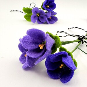 K&ouml;nnte beinhalten: Zwei handgefertigte Veilchenblumenstr&auml;u&szlig;e aus Filz. Die Bl&uuml;ten sind tiefviolett mit gelben Zentren und gr&uuml;nen Bl&auml;ttern. Die Stiele sind gr&uuml;n mit einer schwarz-wei&szlig;en Schnur. Der Hintergrund ist wei&szlig;.