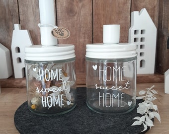 Kerzenständer Schraubglas für Stabkerze weiß - Home sweet Home - mit Trockenblumen gefüllt