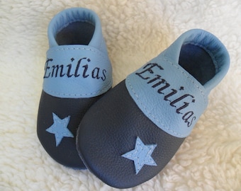 Krabbelschuhe Lederpuschen Taufschuh mit Namen Geburtsgeschenk personalisierte Babyschuhe Leder Babygeschenk Puschen blau Junge Art.06