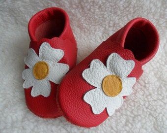 Krabbelschuhe Lederpuschen  Blume Blüte Babypuschen Lederschuhe Babygeschenk rot Lauflernschuhe