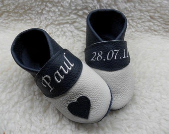 Krabbelschuhe Lederpuschen Taufschuh mit Namen Geburtsgeschenk Babyschuhe Leder personalisierte Babyschuhe Babygeschenk Puschen blau Junge