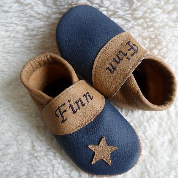 Krabbelschuhe Lederpuschen Taufschuh mit Namen Geburtsgeschenk Babyschuhe Leder personalisiert Babygeschenk Krabbelpuschen blau Art.05