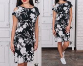 Womens Dress in Black on White Flowers , Sporty - Elegant Elastic Dress, with Bare Shoulder, Knee Length, Shift dress, Sizes M, L, XL