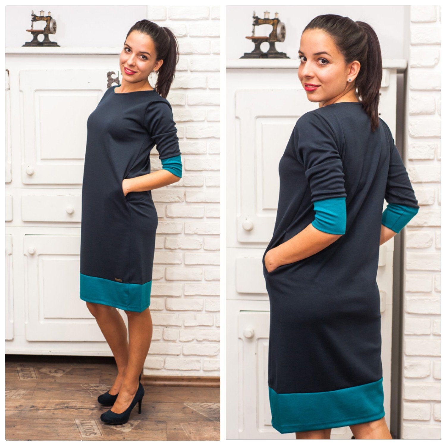Womens Navy Dress Pockets Dress Midi 