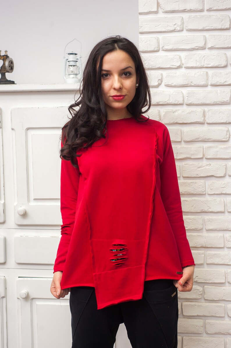 Grunge Style Women Casual Blouse Grunge Style Tunic Sporty Cotton Tunic Extravagant Asymmetric Top Woman Red Tunic