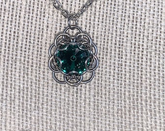 Emerald Green Swarovski and stainless floral chainmail pendant