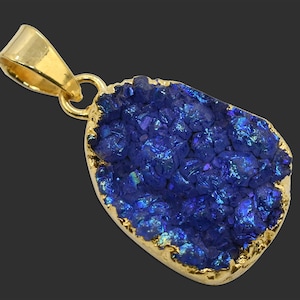 Real 24K Gold Plated Pendant Druzy Blue Titanium Gemstone Pendant, Geode Stone Agate Pendant, Connector Finding Making Pendant Jewelry 3737