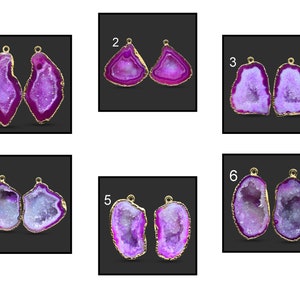 Może przedstawiać: Sześć par fioletowych agatowych zawieszek z pozłacanymi metalowymi kółkami. Każda para jest ponumerowana od 1 do 6.