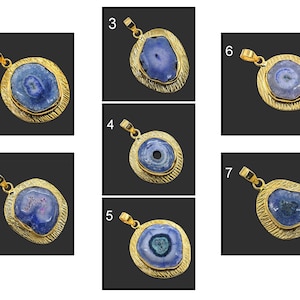 24K Gold Plated Pendant Geode Stone Agate Pendant, Natural Blue Solar Druzy Gemstone Pendant Connector Finding Making Pendant Jewelry 3669