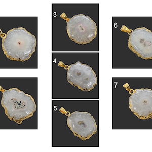 24K Gold Plated Pendant Geode Stone Agate Pendant, Natural Solar White Druzy Gemstone Pendant Connector Finding Making Pendant Jewelry 3657