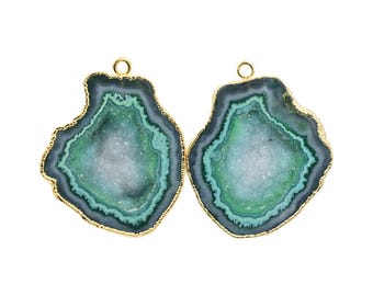 Real 24k Gold Plated Green Sparking Geode Earrings Agate Pairs DIY Connectors 5675