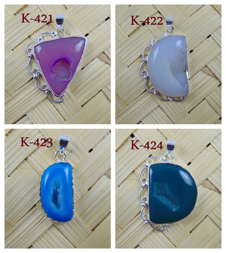 Silver Plated Geode Stone Agate Pendant Sugar Well Window Natural Gemstone Druzy Pendant Designer Connector Supply Making Charms Findings 31