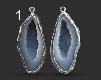 Pièces De Boucles D'Oreilles à Créer Soi-Même - Tranche De Géode Druzy Naturelle Marron Sur Laiton Plaqué Rhodium Blanc