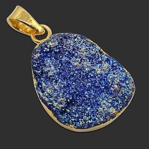 Real Druzy Blue Titanium Gemstone Pendant, 24K Gold Plated Pendant Geode Stone Agate Pendant, Connector Finding Making Pendant Jewelry 3732
