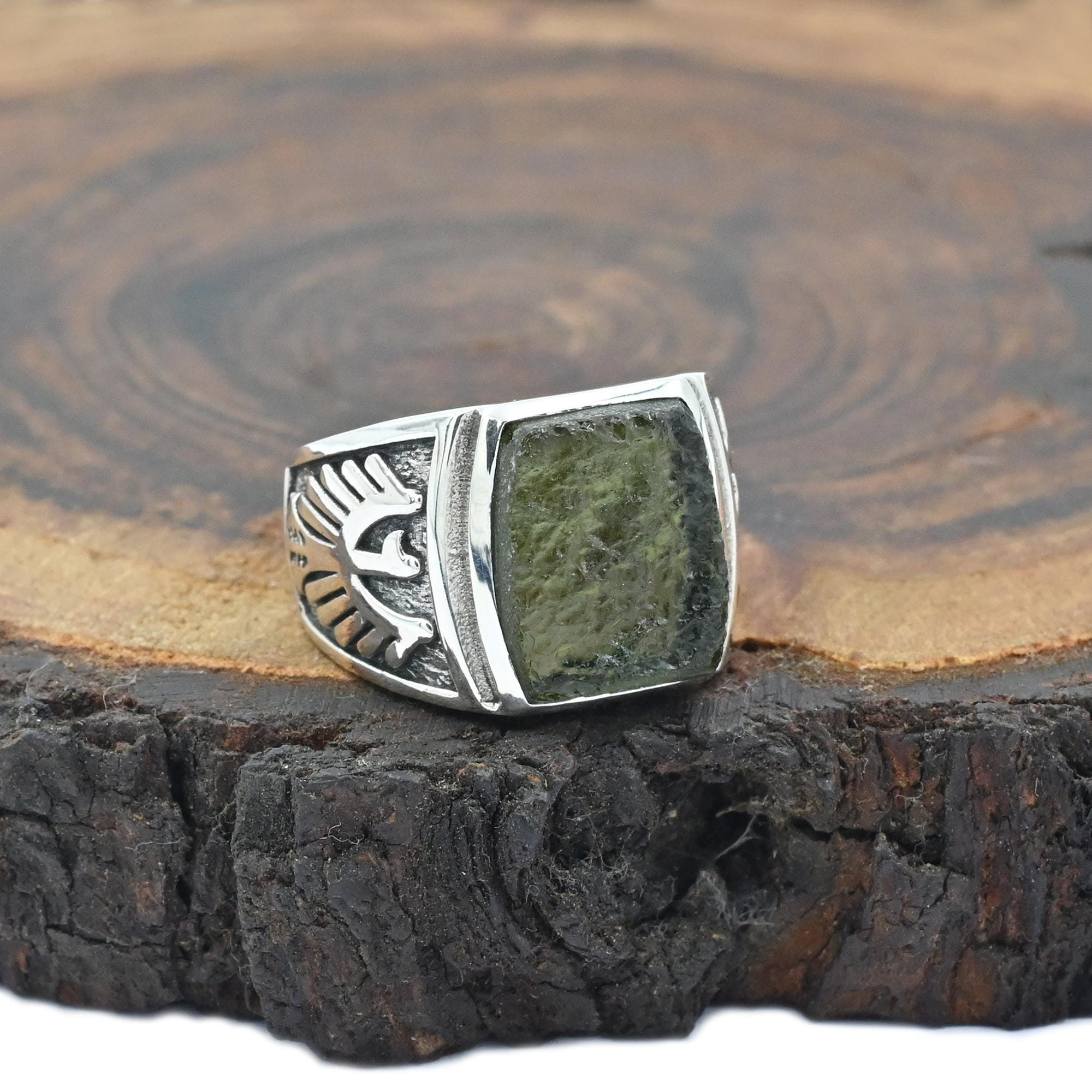 Silver Moldavite Ring, Silver 925 Ring, Signet Ring, Statement Ring, Men's Ring, Czech Republic Moldavite Wings Ring, Gift For Birthday