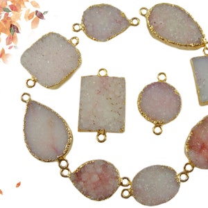 10 Pc Lot Beige Pink Sugar Geode Druzy Connector Charm Geode Agate Double Bail Gold Electroplated DIY Geode Connector Making Finding Jewelry