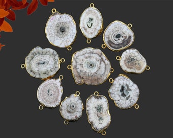 New Solar Geode 24k Gold Plated Connector, DIY Pendant, 10 Pcs Lot Double Bail Connectors, Gray Druzy Connector Findings Jewelry Supply 3821