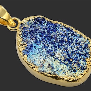 Rare Druzy Blue Titanium Gemstone Pendant, 24K Gold Plated Pendant Geode Stone Agate Pendant, Connector Finding Making Pendant Jewelry 3731