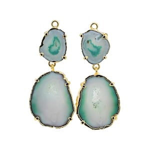 Geode Pairs, Green Two Slice Agate Earring, Gold Plated Slice Earring Connectors, Druzy Earring, DIY Earrings, Finding Jewelry Supply 5422