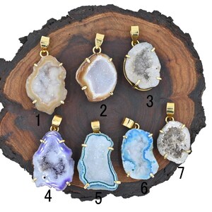 24k Gold Plated Geode Stone Agate Pendant, Aqua Blue Multi Geode Prong Druzy Gemstone Pendant Connector Finding Making Pendant Jewelry 5252