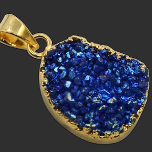 New Druzy Blue Titanium Gemstone Pendant, 24K Gold Plated Pendant Geode Stone Agate Pendant, Connector Finding Making Pendant Jewelry 3733