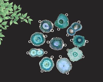 Aqua Color Solar Quartz Geode Silver Plated Connectors, DIY Pendant, Blue Double Bail Connectors, Druzy Connector Findings Jewelry Supply
