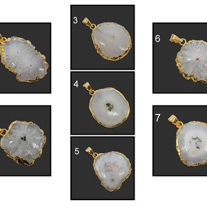 24K Gold Plated Pendant Geode Stone Agate Pendant, Real Solar White Druzy Gemstone Pendant Connector Finding Making Pendant Jewelry 3661