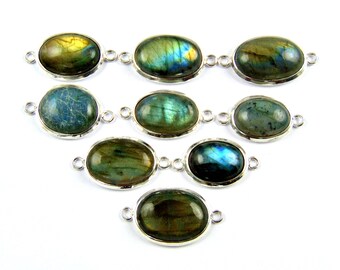 9 Pcs Lot Flash Rainbow Labradorite Silver Plated Pendant Connectors, Oval Two Bail Components DIY Connectors, Finding Jewelry Supplies