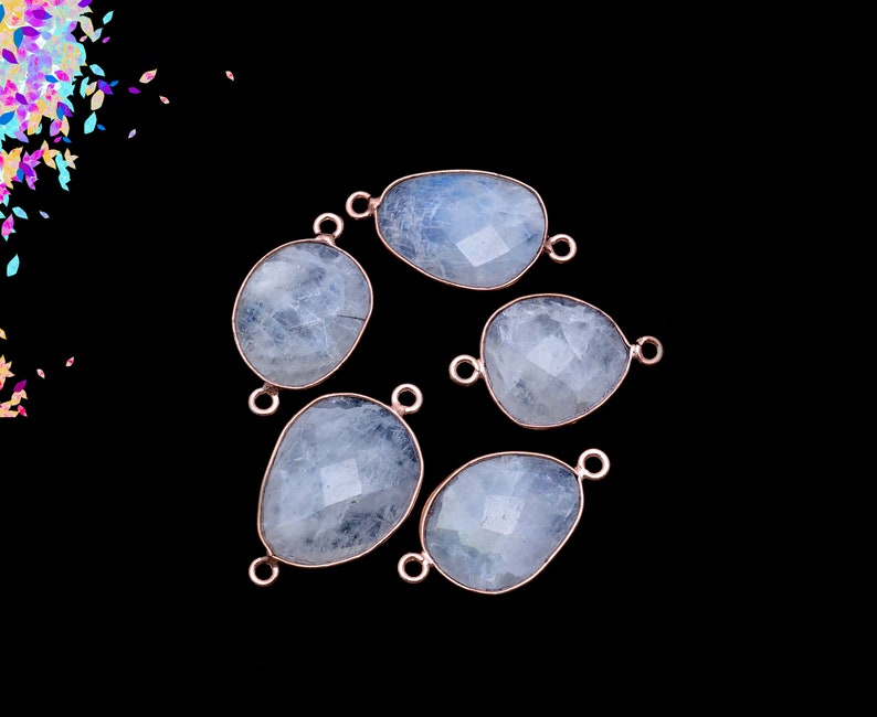 Bezel Oval Shape Connector Charms Natural White Rainbow Moonstone Rose Gold Plated Double Bail Connector Jewelry Making Supply DIY jewelry