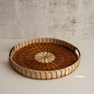 Round Rattan Tray, Extra Large with Handles (16.9 inch) for Coffee Table, Ottoman