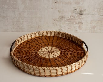 Round Rattan Tray, Extra Large with Handles (16.9 inch) for Coffee Table, Ottoman