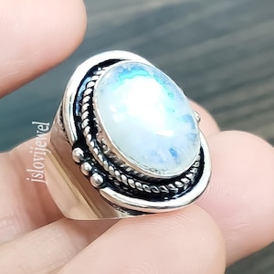 Oval Rainbow Moonstone Ring: 925 Sterling Silver, Customized Size