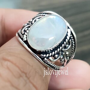 Rainbow Moonstone Ring: Handmade Oval 925 Sterling Silver Gemstone