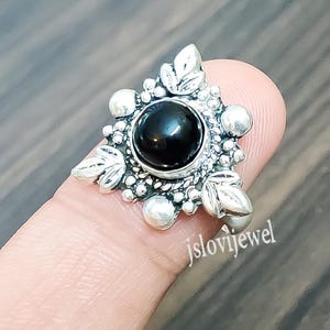 Black Onyx Sterling Silver Ring: Round Gemstone, Custom Size