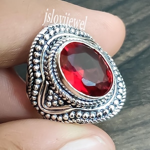 Oval Garnet Ring: Big Red Gemstone, 925 Sterling Silver, Handmade Mens Jewelry