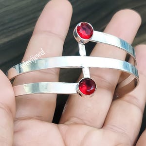 Red Garnet Cuff Bangle: Handmade Sterling Silver Adjustable Bracelet