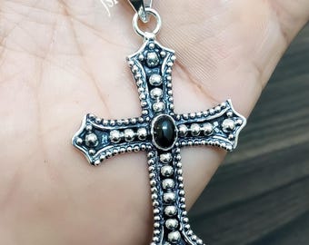 Black Onyx Cross Pendant: Sterling Silver Chain, Family Gift Jewelry