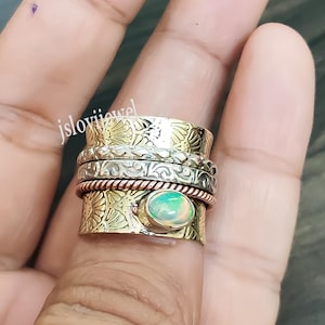 Sterling Silver Opal Spinner Ring: Wide Band Thumb Ring/ Natural Gemstone Anxiety Relief Jewelry