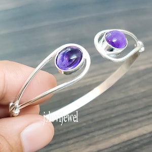 Amethyst Bangle Bracelet: 925 Sterling Silver Purple Stone Cuff