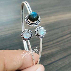 Blue Fire Labradorite Cuff Bracelet: Sterling Silver Adjustable Bangle